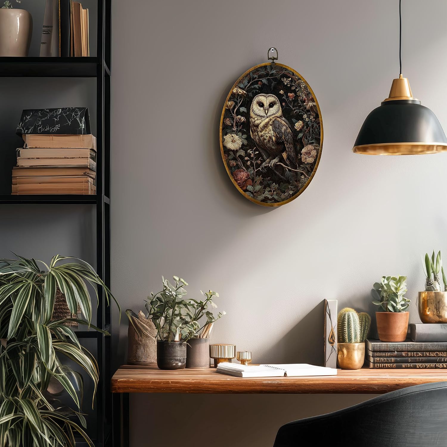 zewepri Dark Floral Barn Owl Oval Canvas Art